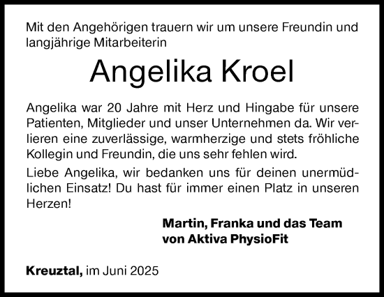 Traueranzeige von Angelika Kroel von Siegener Zeitung