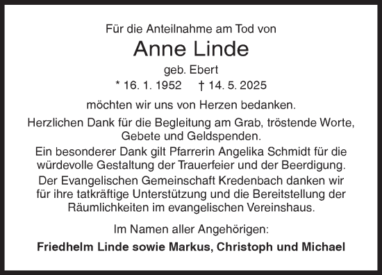 Traueranzeige von Anne Linde von Siegener Zeitung