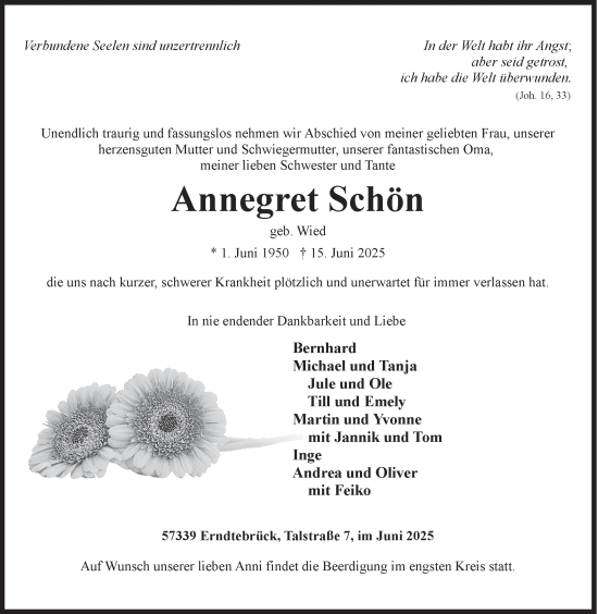 Traueranzeige von Annegret Schön von Siegener Zeitung