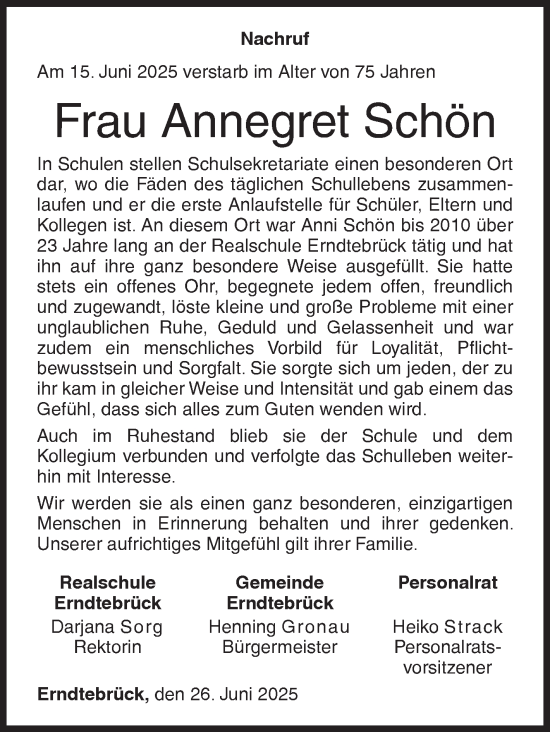 Traueranzeige von Annegret Schön von Siegener Zeitung