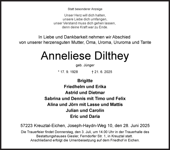 Traueranzeige von Anneliese Dilthey von Siegener Zeitung