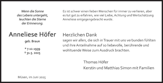 Traueranzeige von Anneliese Höfer von Siegener Zeitung