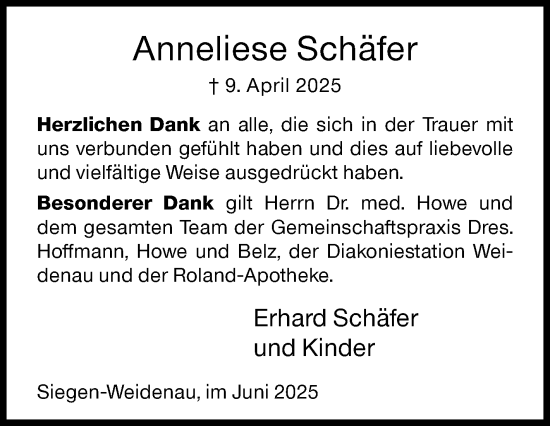 Traueranzeige von Anneliese Schäfer von Siegener Zeitung