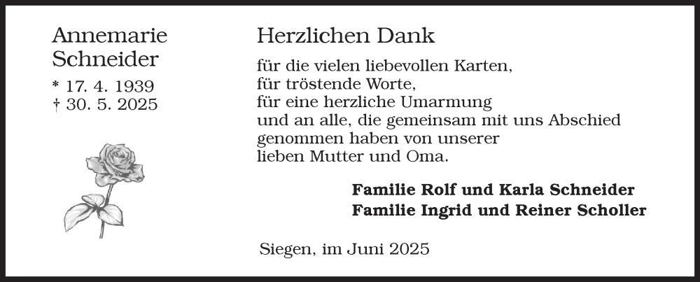  Traueranzeige für Annemarie Schneider vom 27.06.2025 aus Siegener Zeitung