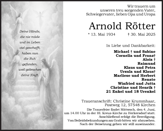 Traueranzeige von Arnold Rötter von Siegener Zeitung