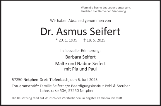 Traueranzeige von Asmus Seifert von Siegener Zeitung