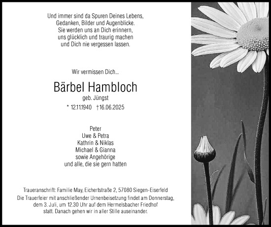 Traueranzeige von Bärbel Hambloch von Siegener Zeitung
