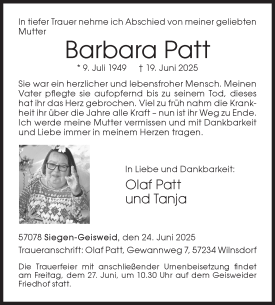Traueranzeige von Barbara Patt von Siegener Zeitung