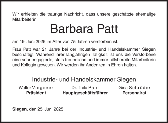 Traueranzeige von Barbara Patt von Siegener Zeitung