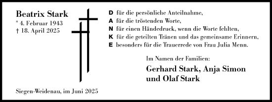 Traueranzeige von Beatrix Stark von Siegener Zeitung