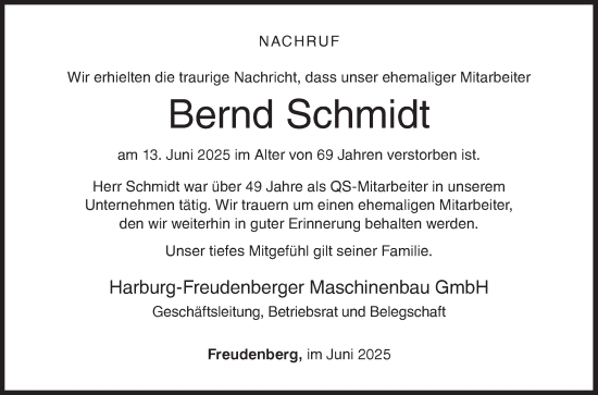 Traueranzeige von Bernd Schmidt von Siegener Zeitung