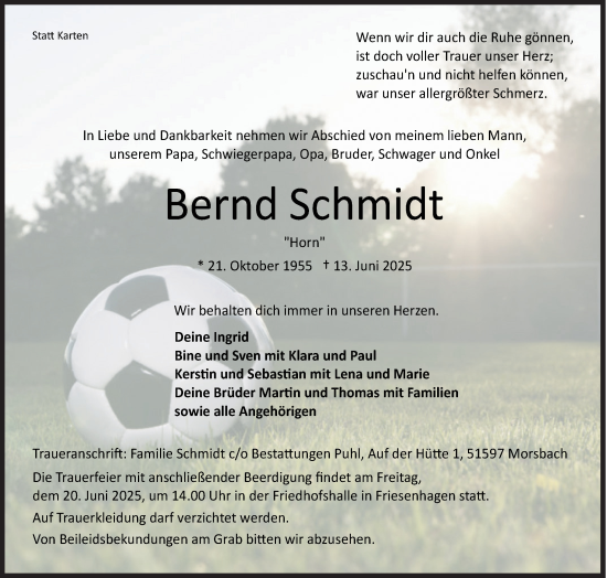 Traueranzeige von Bernd Schmidt von Siegener Zeitung