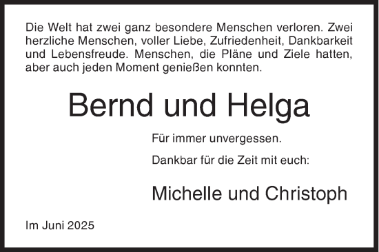 Traueranzeige von Bernd und Helga  von Siegener Zeitung