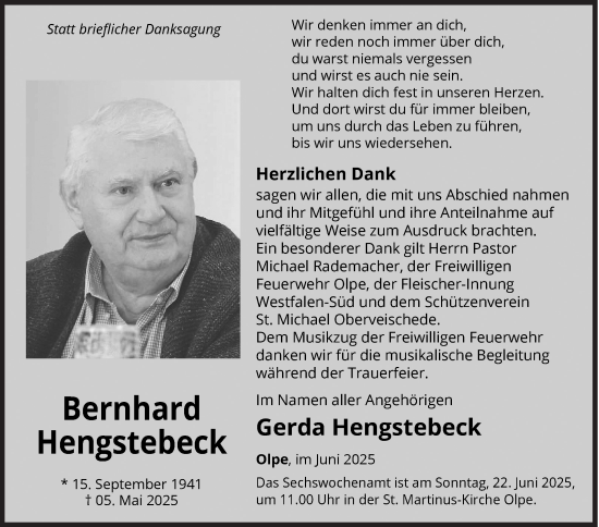 Traueranzeige von Bernhard Hengstebeck von Siegener Zeitung
