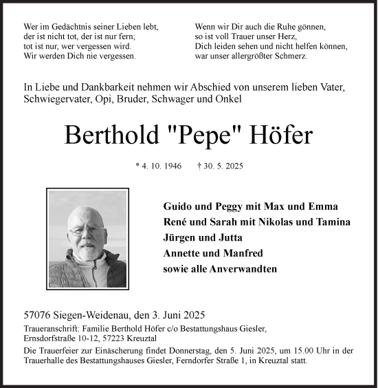 Traueranzeige von Berthold Höfer von Siegener Zeitung