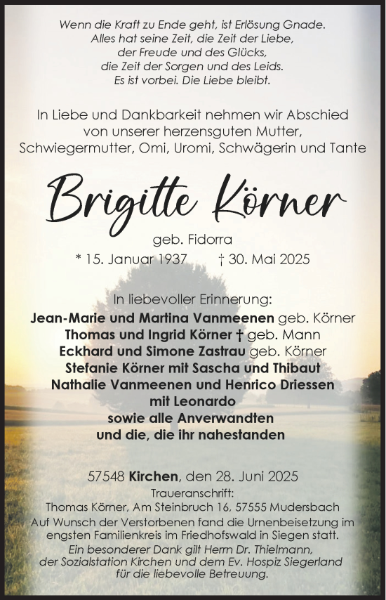 Traueranzeige von Brigitte Körner von Siegener Zeitung