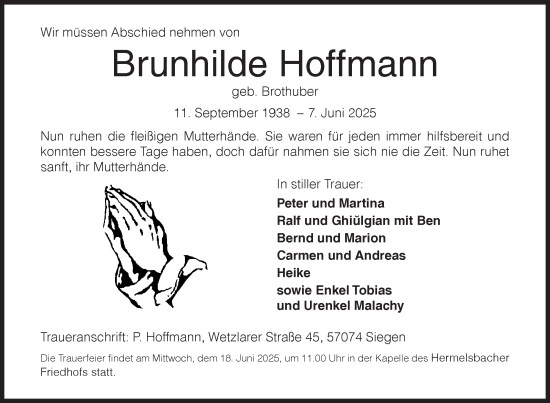 Traueranzeige von Brunhilde Hoffmann von Siegener Zeitung