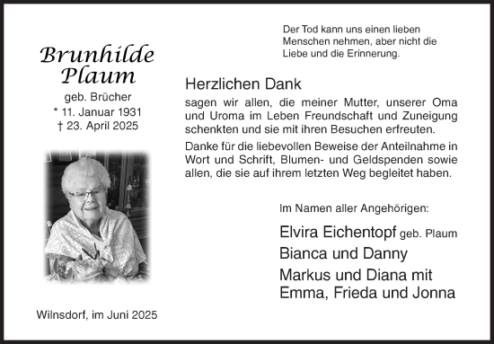 Traueranzeige von Brunhilde Plaum von Siegener Zeitung