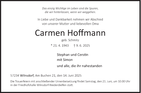 Traueranzeige von Carmen Hoffmann von Siegener Zeitung