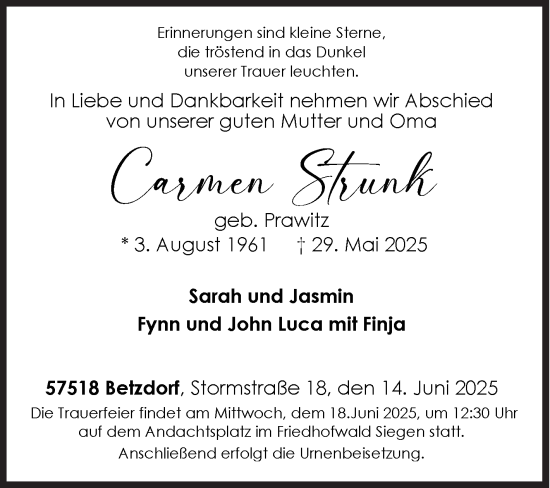 Traueranzeige von Carmen Strunk von Siegener Zeitung