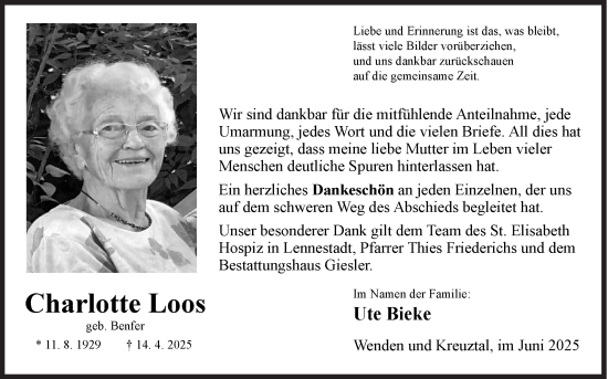 Traueranzeige von Charlotte Loos von Siegener Zeitung