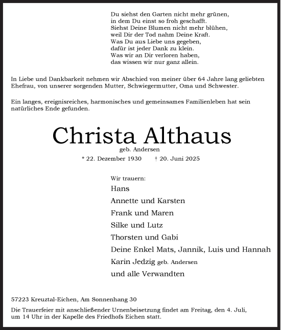 Traueranzeige von Christa Althaus von Siegener Zeitung