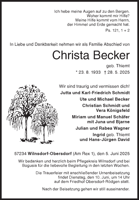 Traueranzeige von Christa Becker von Siegener Zeitung