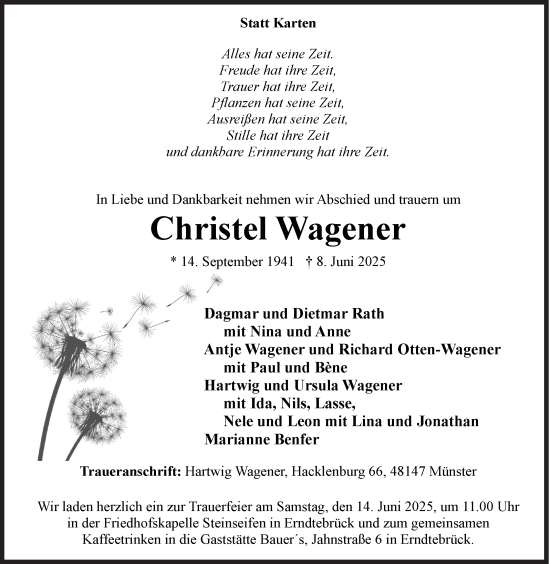 Traueranzeige von Christel Wagener von Siegener Zeitung