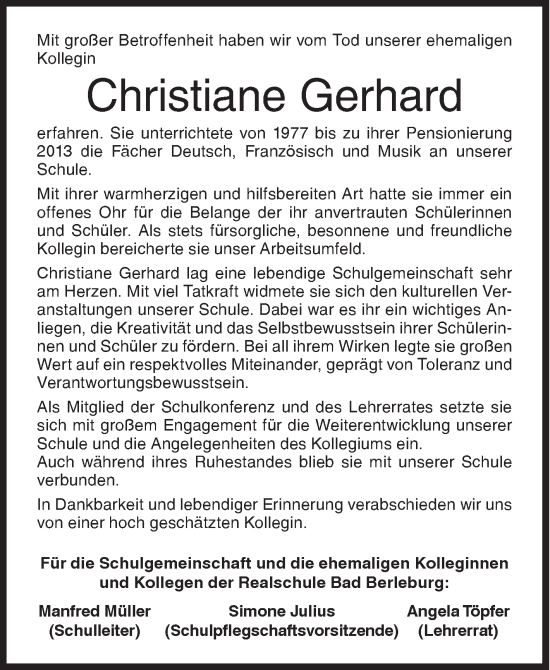 Traueranzeige von Christiane Gerhard von Siegener Zeitung
