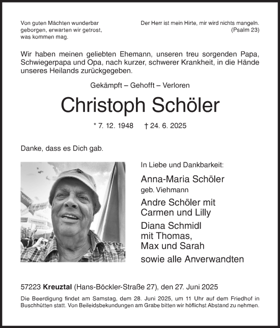 Traueranzeige von Christoph Schöler von Siegener Zeitung