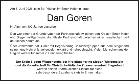 Traueranzeige von Dan Goren von Siegener Zeitung
