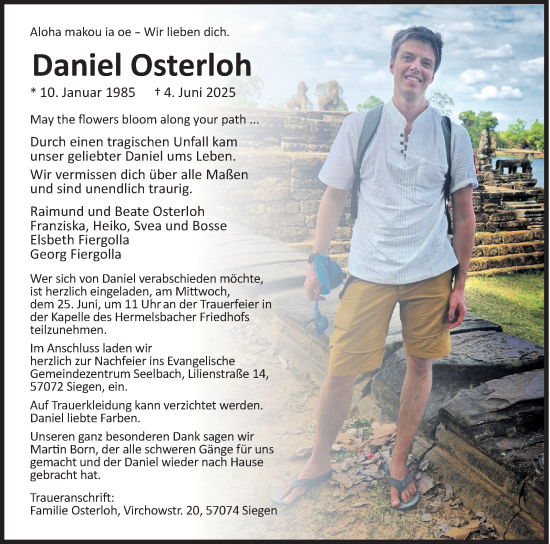 Traueranzeige von Daniel Osterloh von Siegener Zeitung