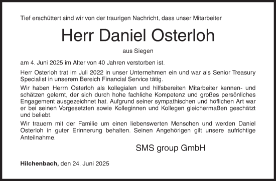 Traueranzeige von Daniel Osterloh von Siegener Zeitung