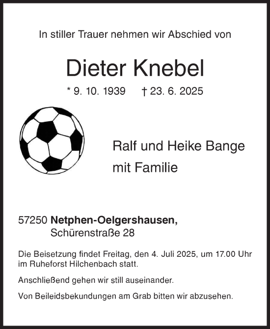 Traueranzeige von Dieter Knebel von Siegener Zeitung