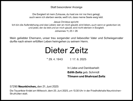 Traueranzeige von Dieter Zeitz von Siegener Zeitung