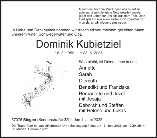 Traueranzeige von Dominik Kubietziel von Siegener Zeitung