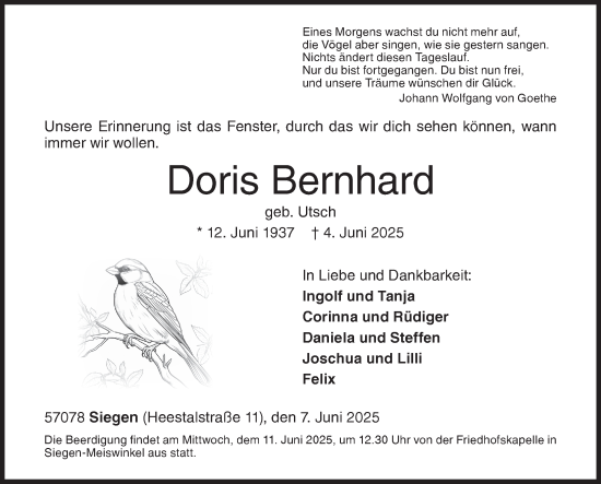 Traueranzeige von Doris Bernhard von Siegener Zeitung