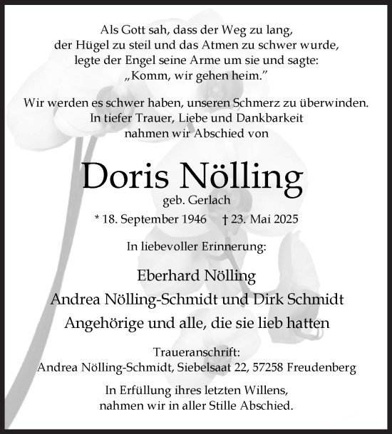 Traueranzeige von Doris Nölling von Siegener Zeitung