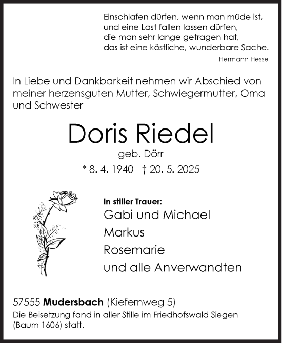 Traueranzeige von Doris Riedel von Siegener Zeitung