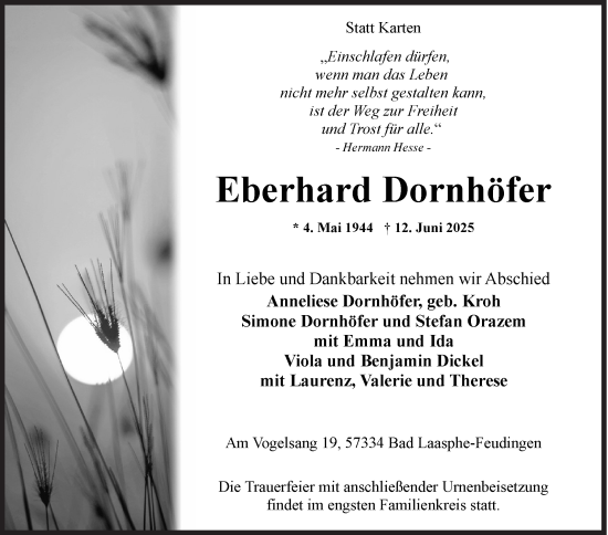 Traueranzeige von Eberhard Dornhöfer von Siegener Zeitung