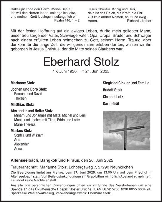 Traueranzeige von Eberhard Stolz von Siegener Zeitung