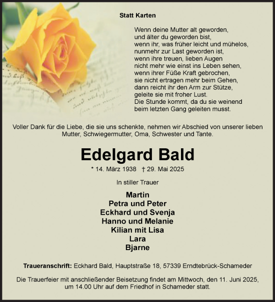 Traueranzeige von Edelgard Bald von Siegener Zeitung