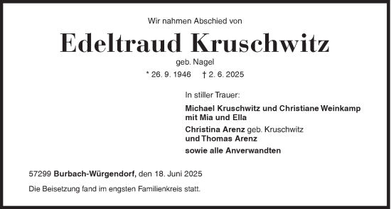 Traueranzeige von Edeltraud Kruschwitz von Siegener Zeitung