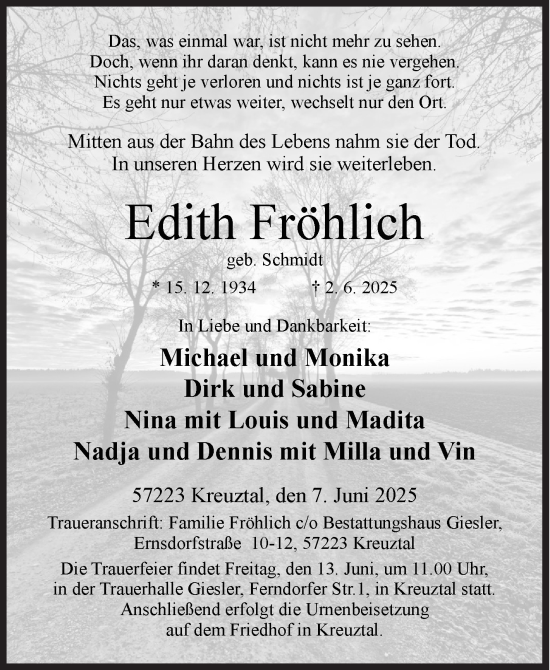 Traueranzeige von Edith Fröhlich von Siegener Zeitung