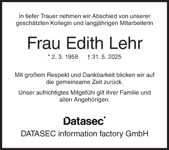 Traueranzeige von Edith Lehr von Siegener Zeitung