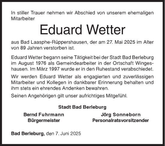 Traueranzeige von Eduard Wetter von Siegener Zeitung