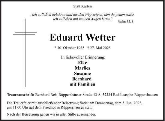 Traueranzeige von Eduard Wetter von Siegener Zeitung