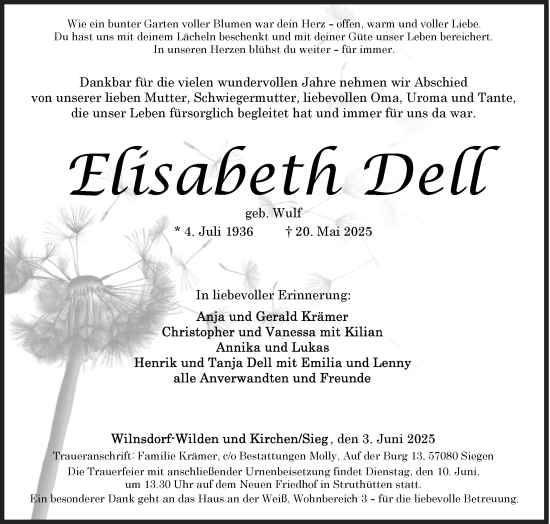 Traueranzeige von Elisabeth Dell von Siegener Zeitung