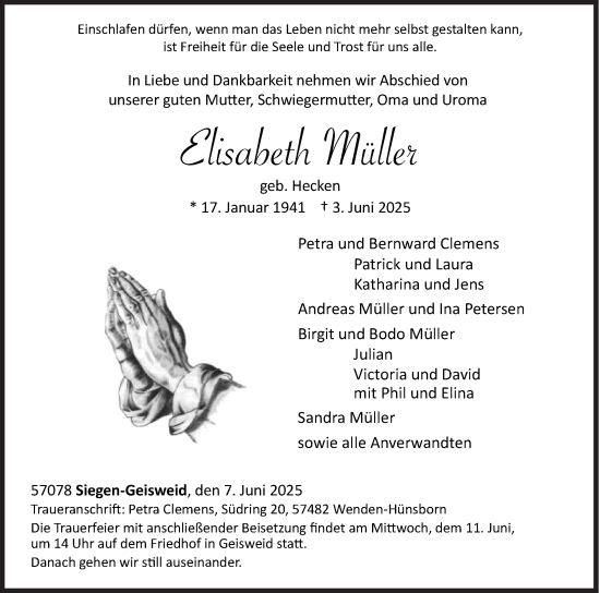 Traueranzeige von Elisabeth Müller von Siegener Zeitung