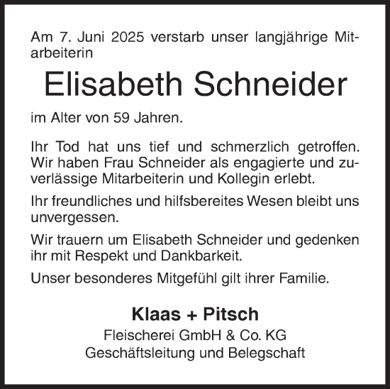 Traueranzeige von Elisabeth Schneider von Siegener Zeitung